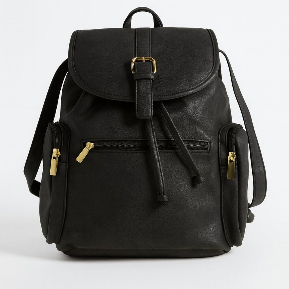 Black Faux Leather Backpack with Gold Zippers – Stylish & Spacious, Excellent Co